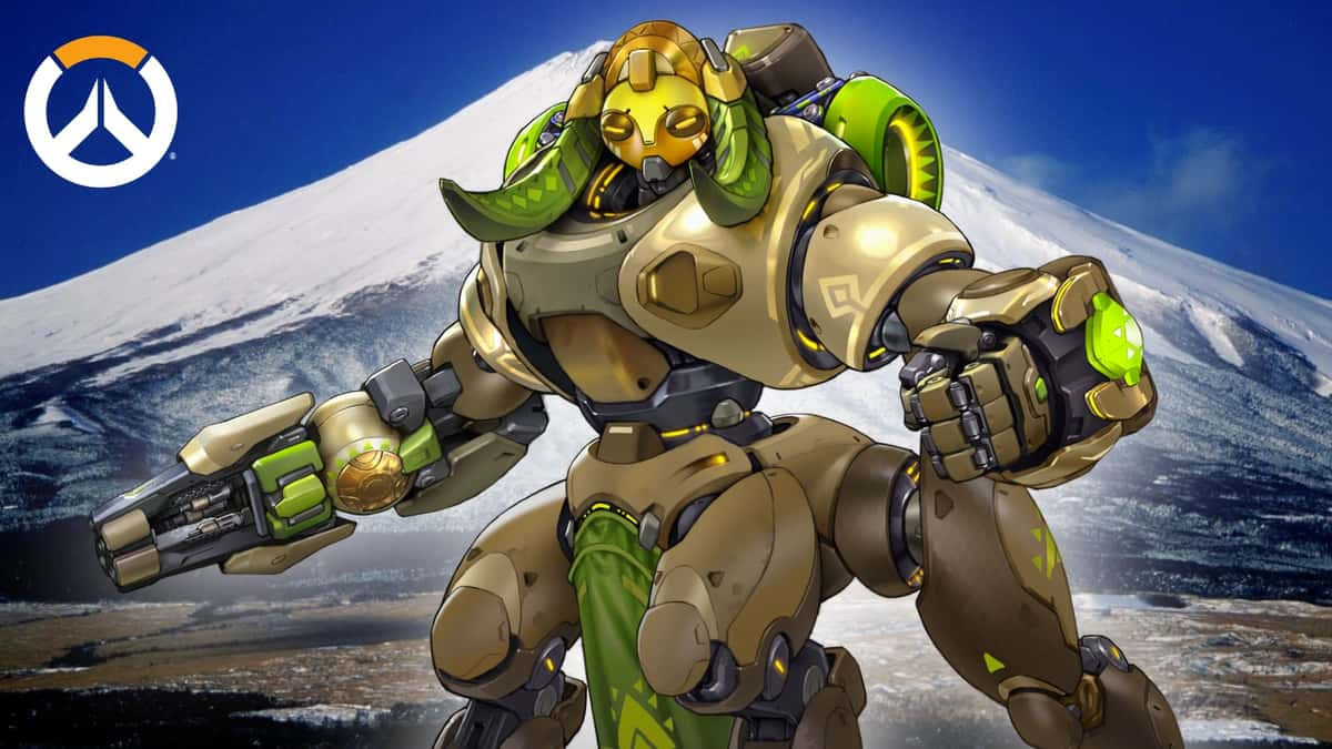 overwatch orisa stands in front of mount fuji