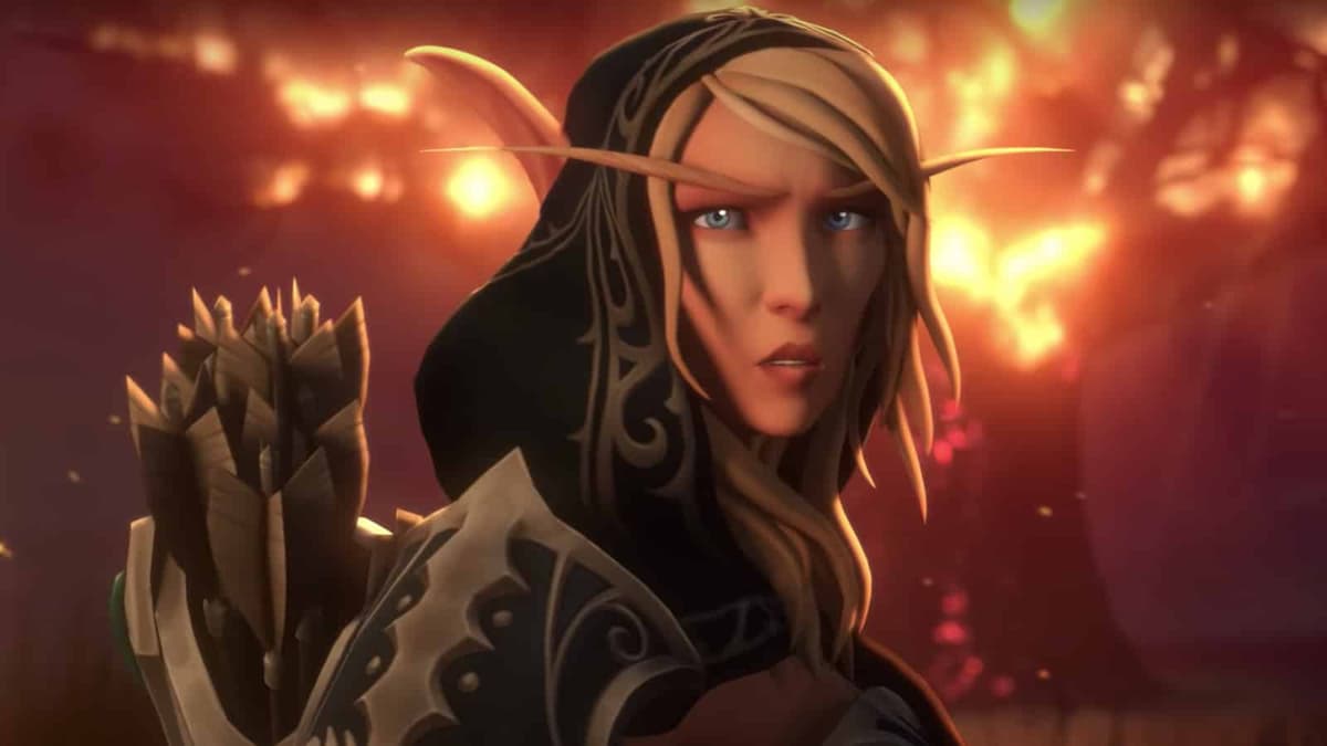 world of warcraft wow sylvanas windrunner ranger general looks at camera as teldrassil burns