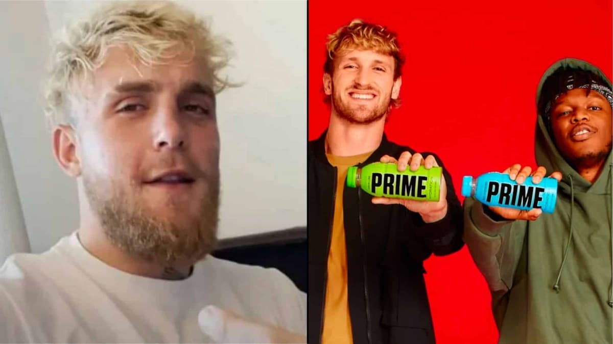 Jake Paul alongside Logan Paul and KSI holding PRIME drinks