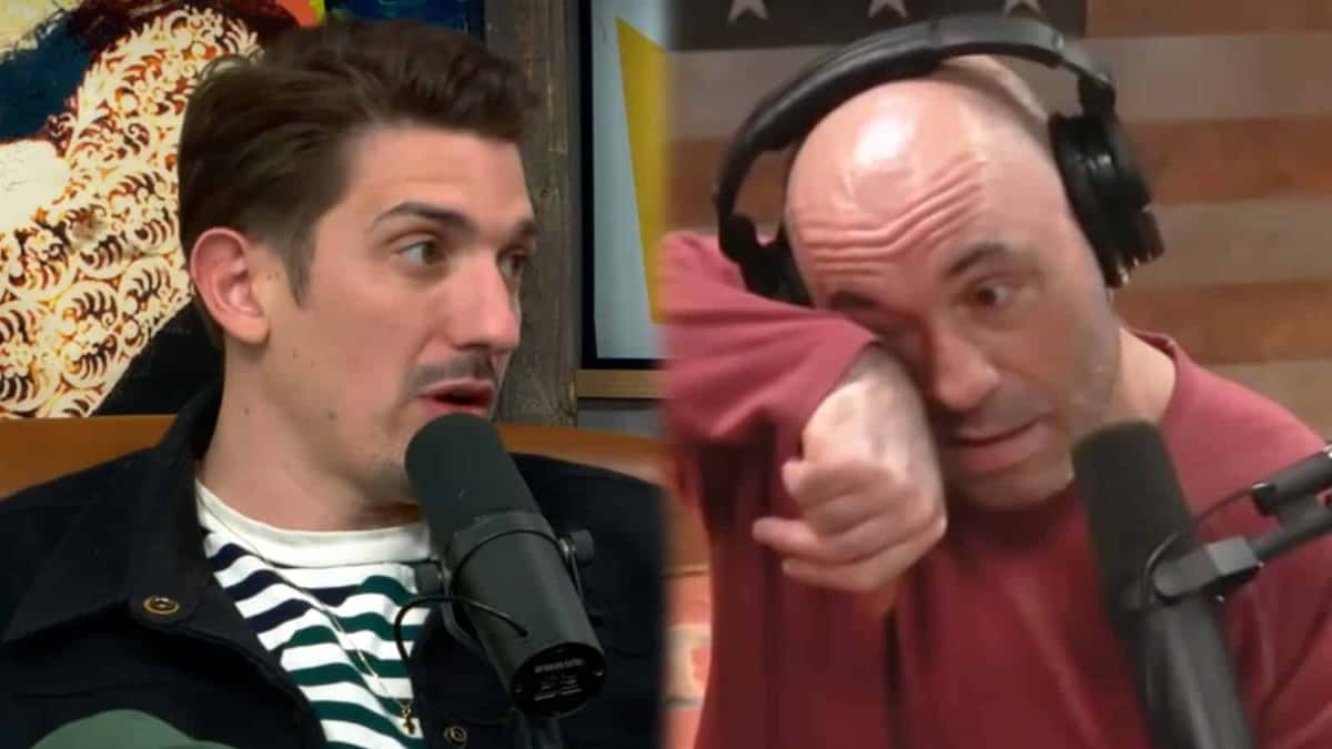 Comedian Andrew Schulz next to Joe Rogan crying screenshot.