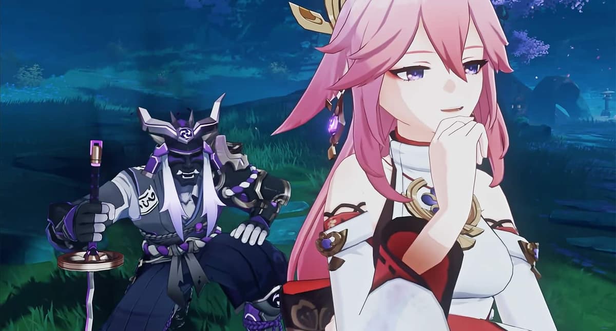 Genshin Impact Yae Miko trailer enemy on knees screenshot.