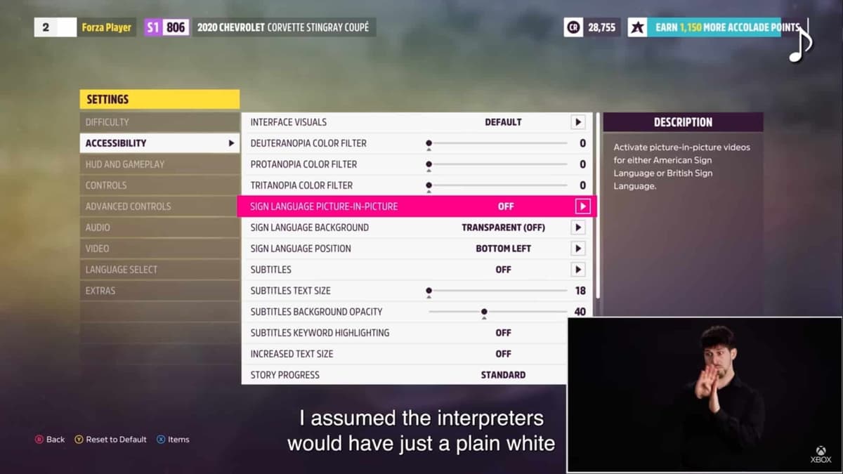 forza horizon 5 sign language support