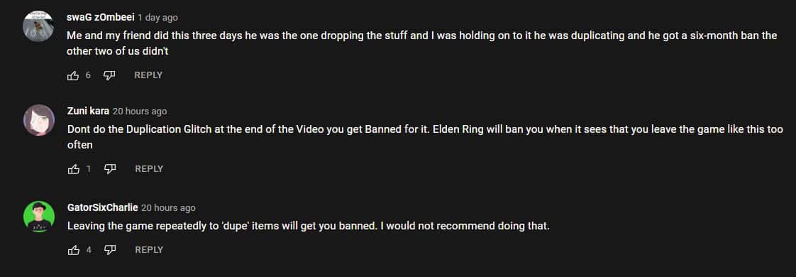 Elden Ring players comment on Item duplicate exploit screenshot.