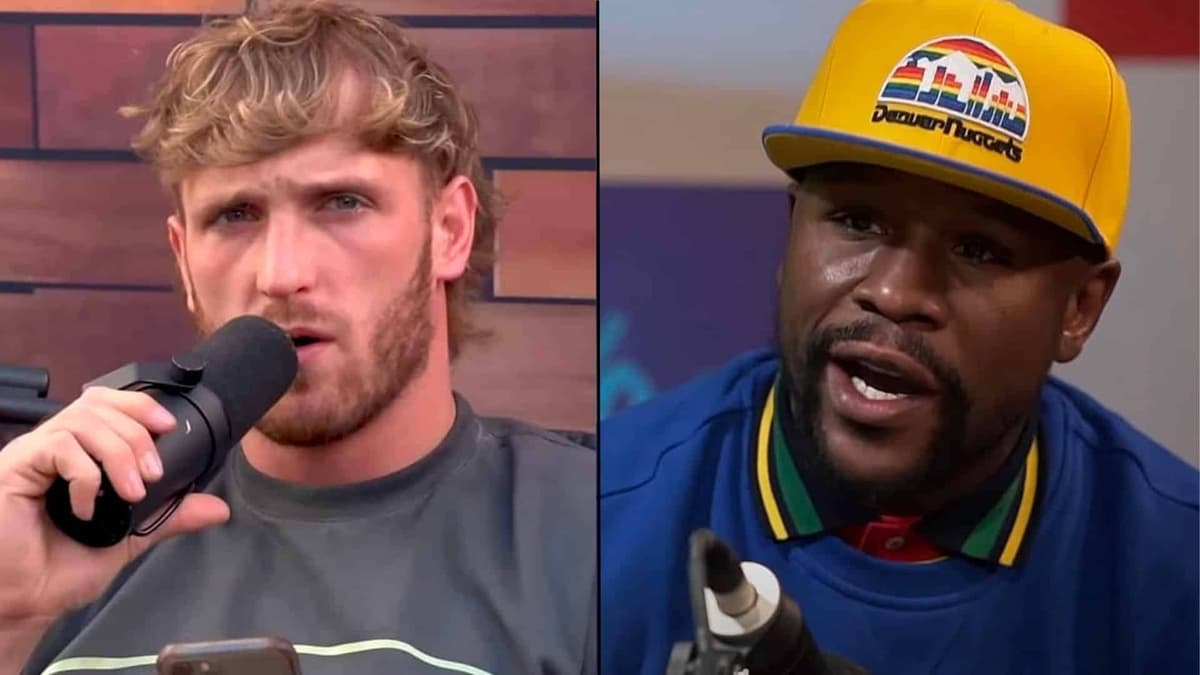 Logan Paul alongside Floyd Mayweather with microphones