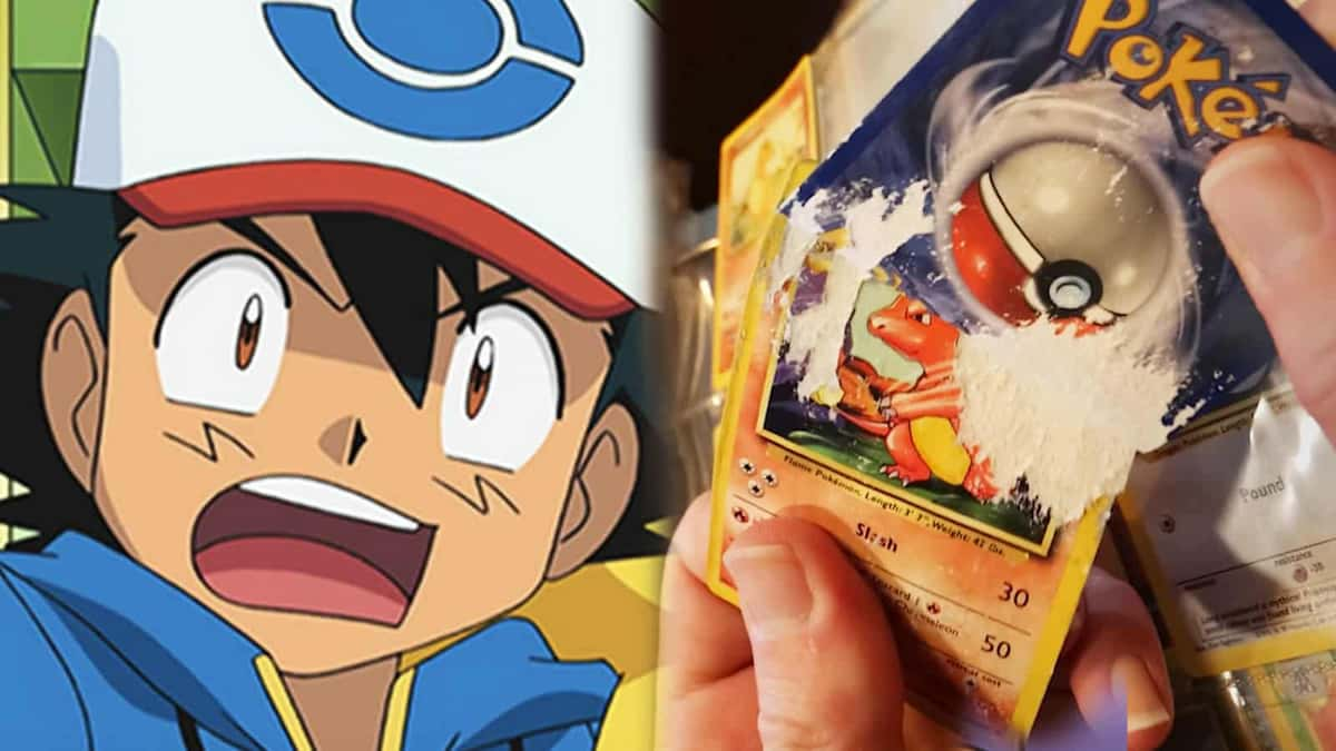 Ash Ketchum Pokemon anime next to destroyed Pokemon card.