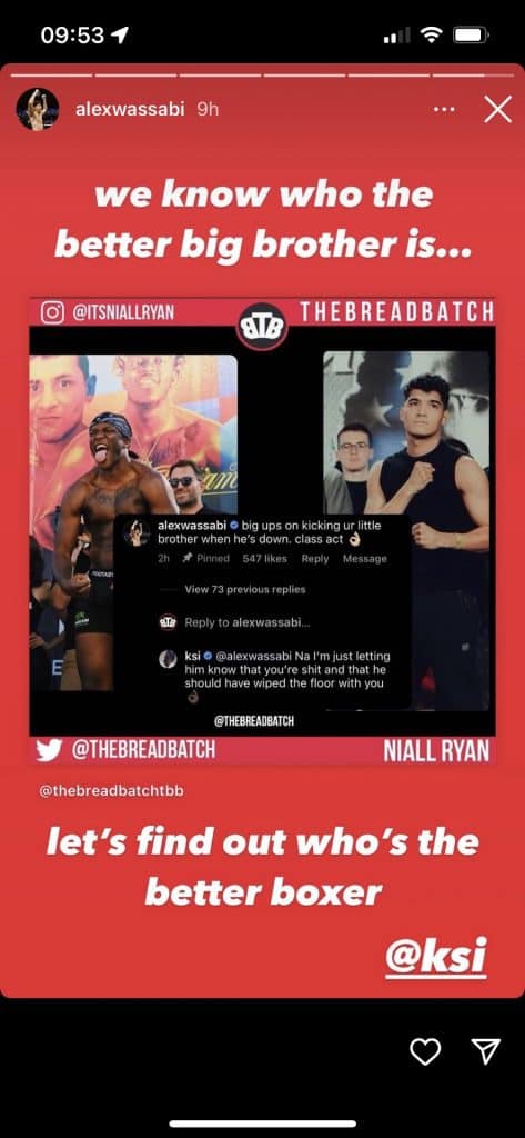 Alex Wassabi calls out KSI in instagram story