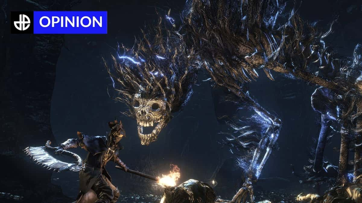 huner attacking large bloodborne skeleton boss