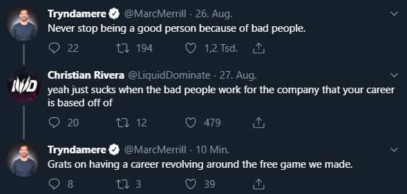 Screenshot of Twitter exchange between IWillDominate and Marc Merrill