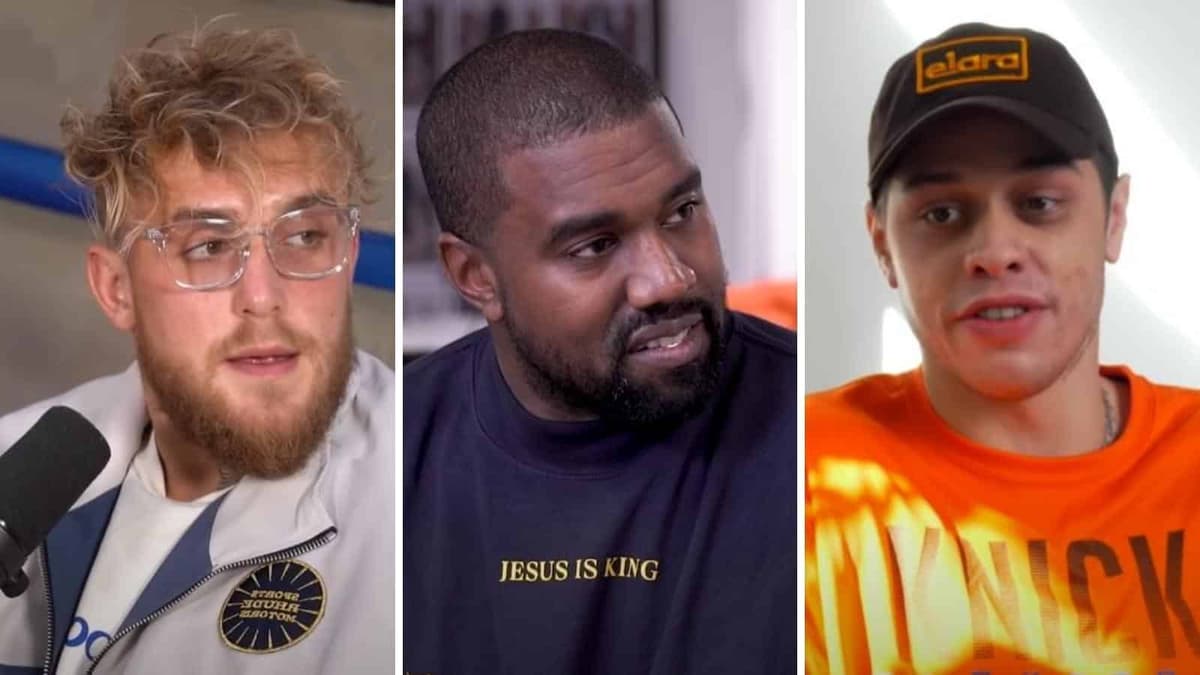 YouTube boxer Jake Paul next to Kanye West and Pete Davidson screenshot.