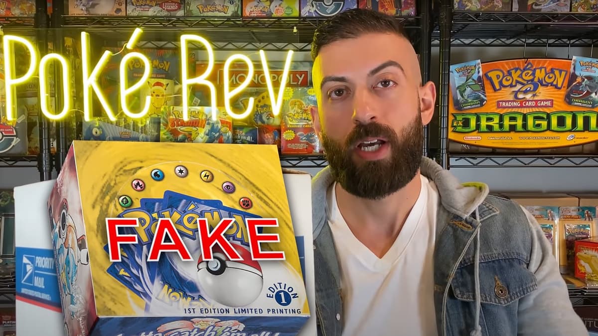 Pokemon Card YouTuber PokeRev next to fake 1998 TCG Base Set booster box screenshot.