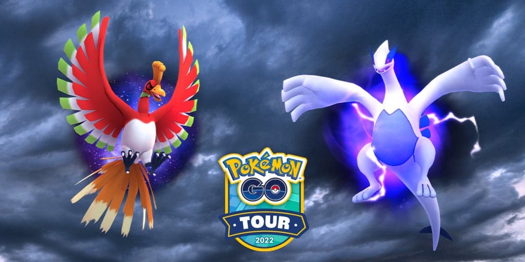 Pokemon Go Johto Tour Apex Shadow Ho-Oh and Apex Shadow Lugia promotional screenshot. 