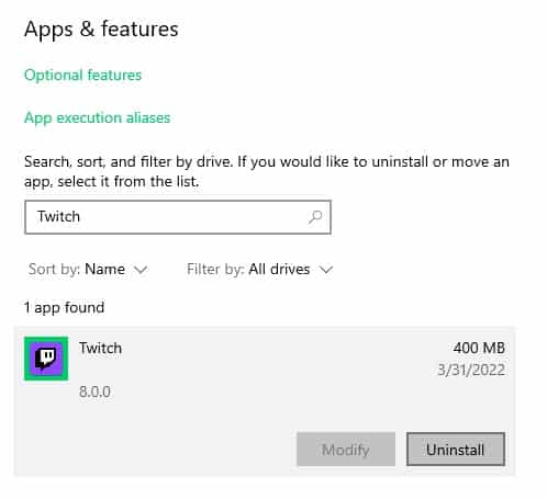 Twitch Uninstall prompt windows