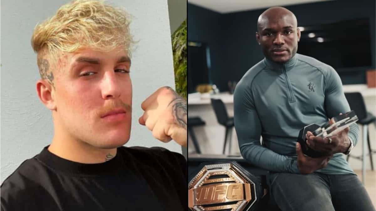 Jake Paul side-by-side with Kamaru Usman holding UFC awards