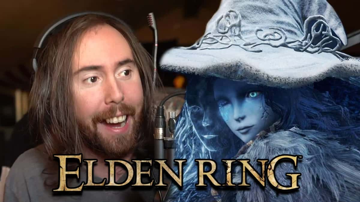 Twitch streamer Asmongold next to Elden Ring Ranni screenshot.