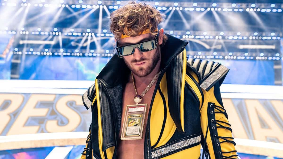 Logan Paul Wrestlemania outfit Pikachu Pokemon card screenshot.