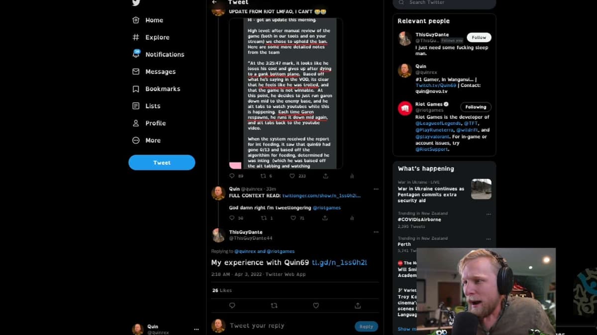 Twitch streamer Quin69 reacts to LoL ban screenshot.