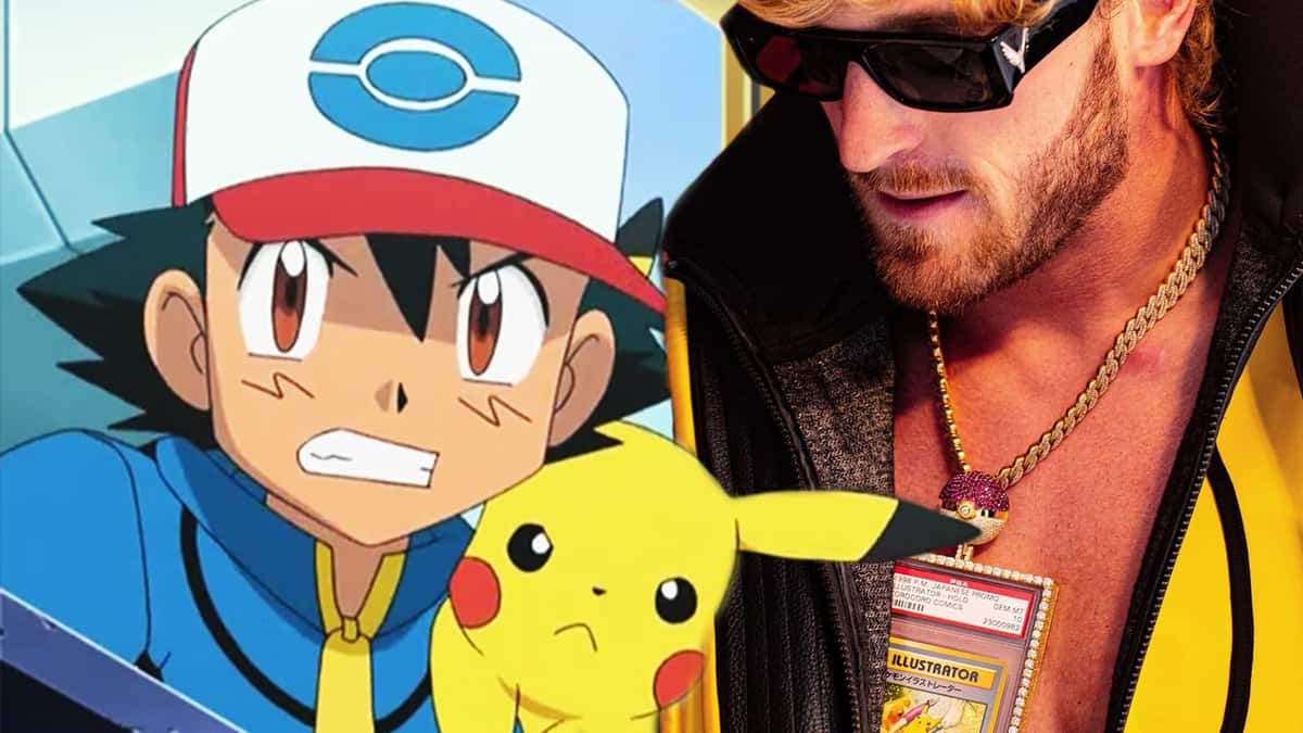 Angry Ash Ketchum and Pikachu next to Logan Paul wearing Pikachu Illustrator Pokemon Card screenshot.