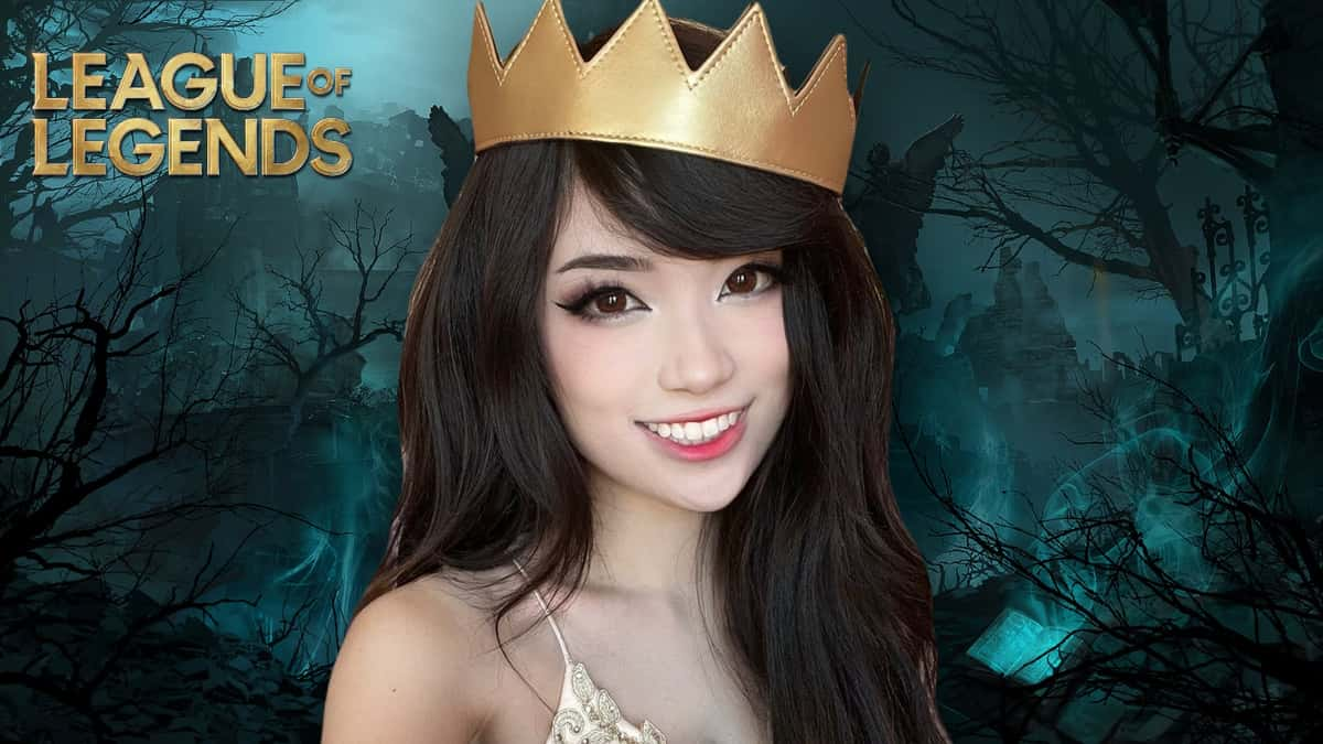 league of legends lol twitch streamer emiru with otk crown on on shadow isles background