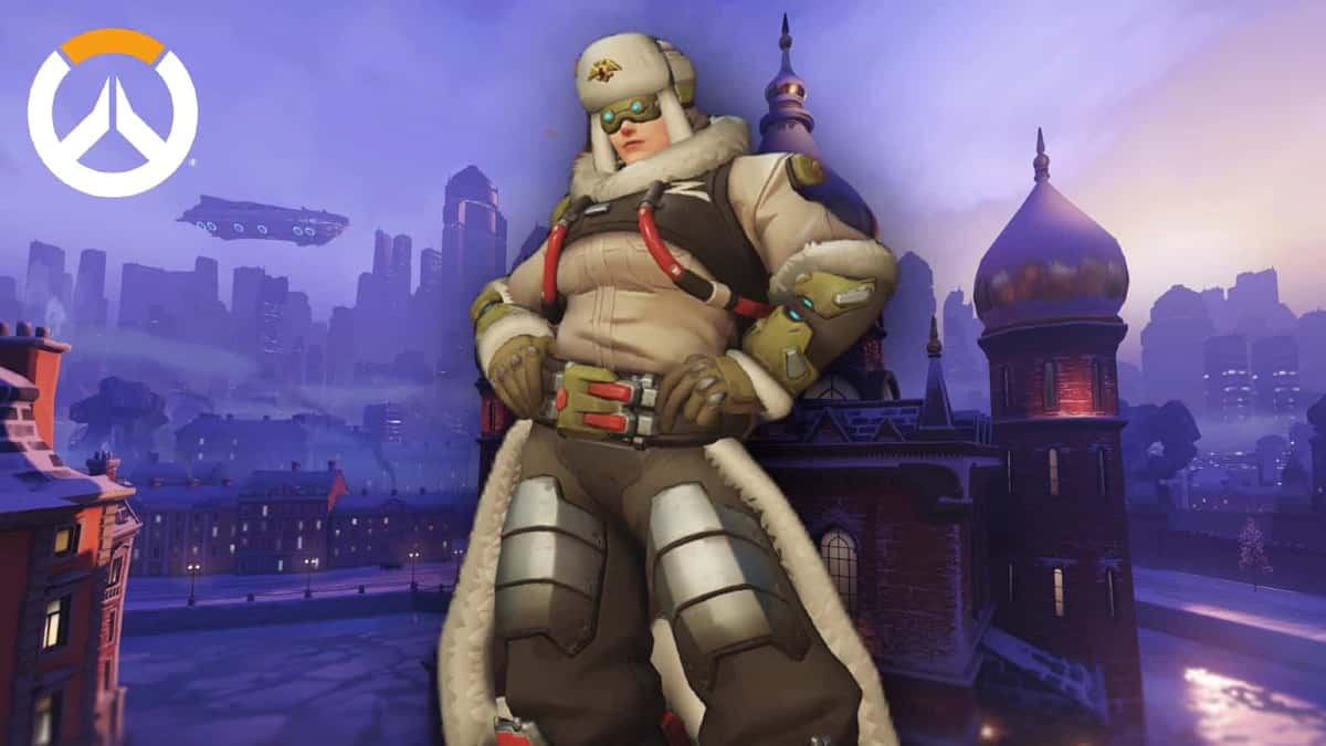 overwatch zarya arctic front skin on volskaya industries background