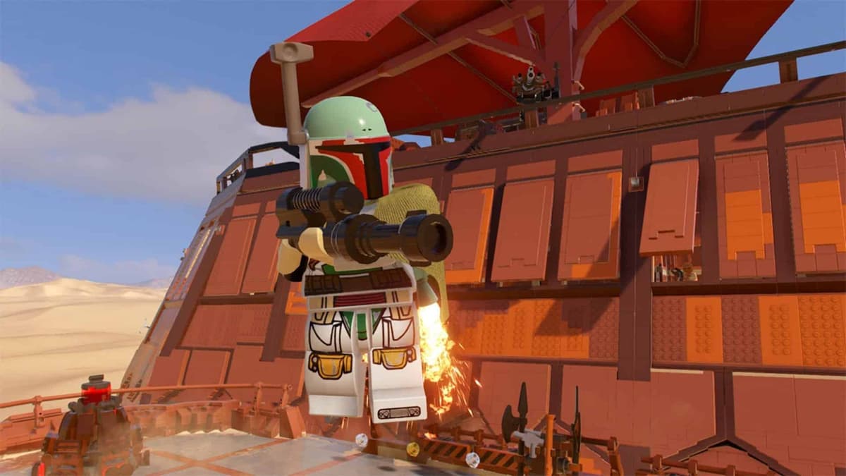 boba fet flying in the air in lego skywalker saga