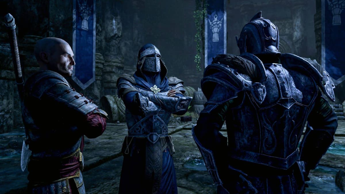 elder scrolls online eso high isle men in armor having a meeting at night