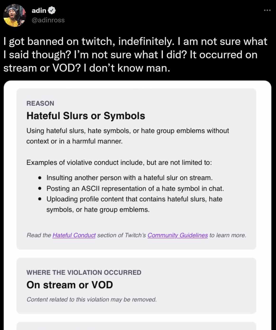 Adin Ross Twitch ban tweet