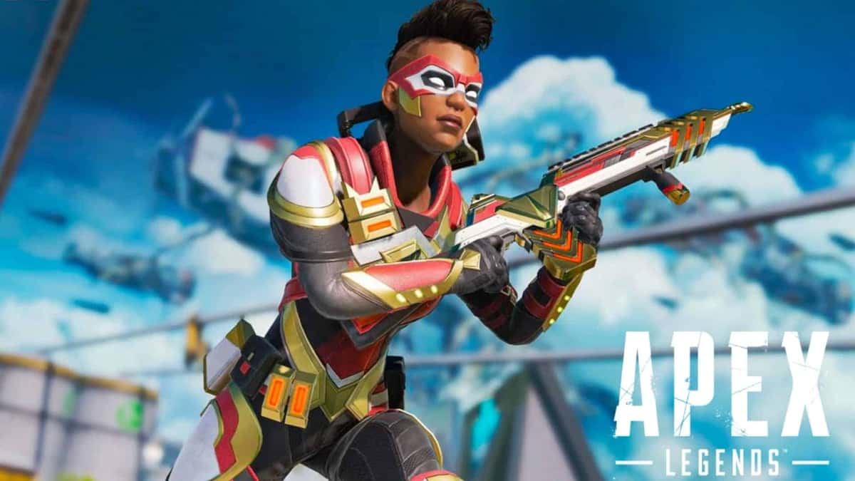 Bangalore in red skin running in Apex Legends