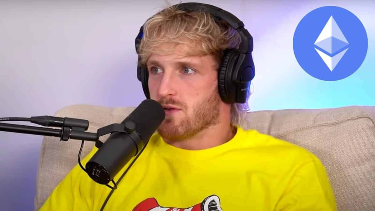 Logan Paul on podcast with Ethereum logo inn corner