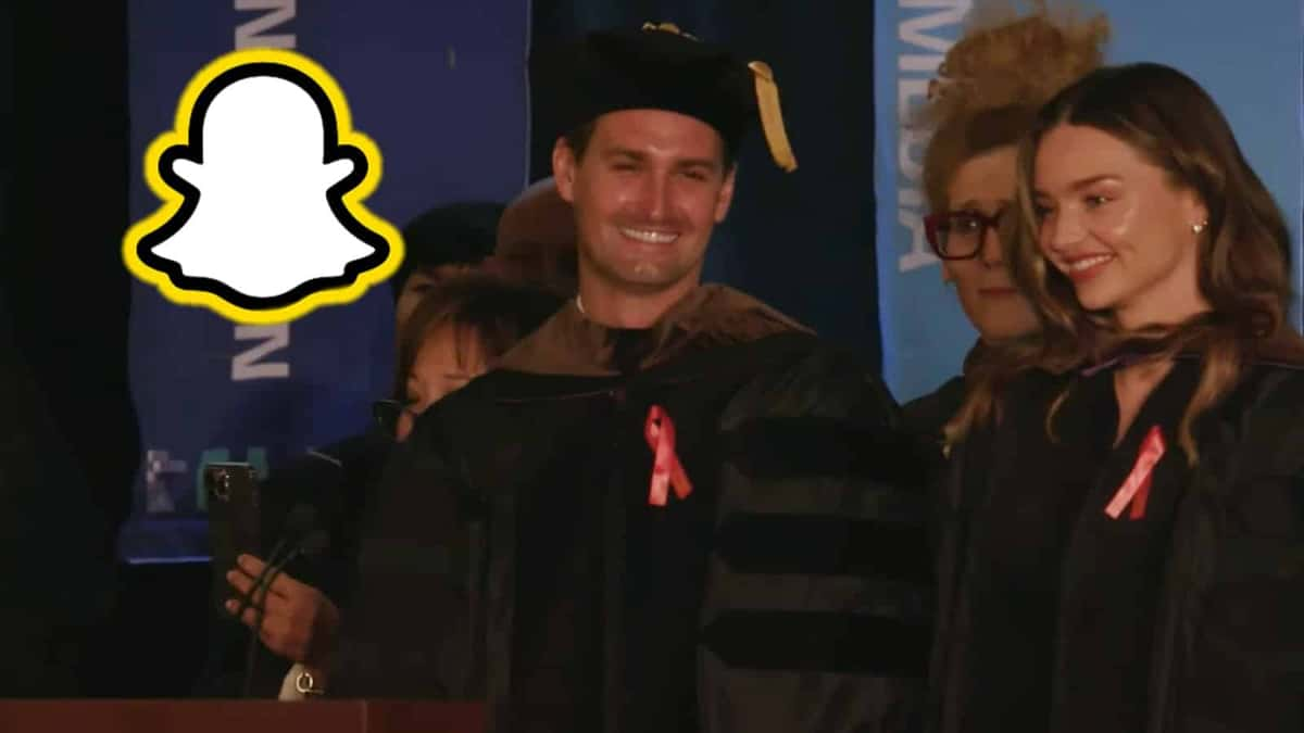 Evan Spiegel and Miranda Kerr at graduation ceremony with Snapchat logo