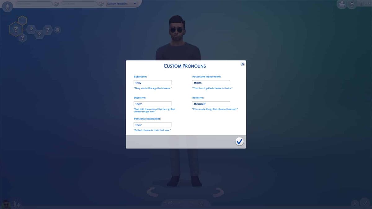An image of pronouns in The Sims 4 create a sim