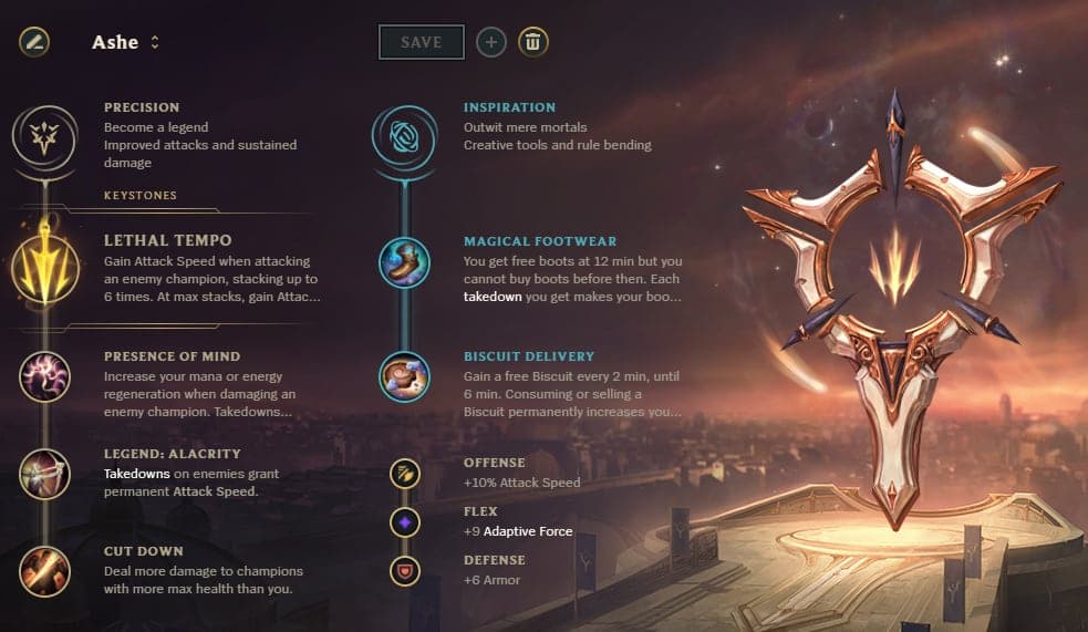 league of legends lol ashe runes precision inspiration