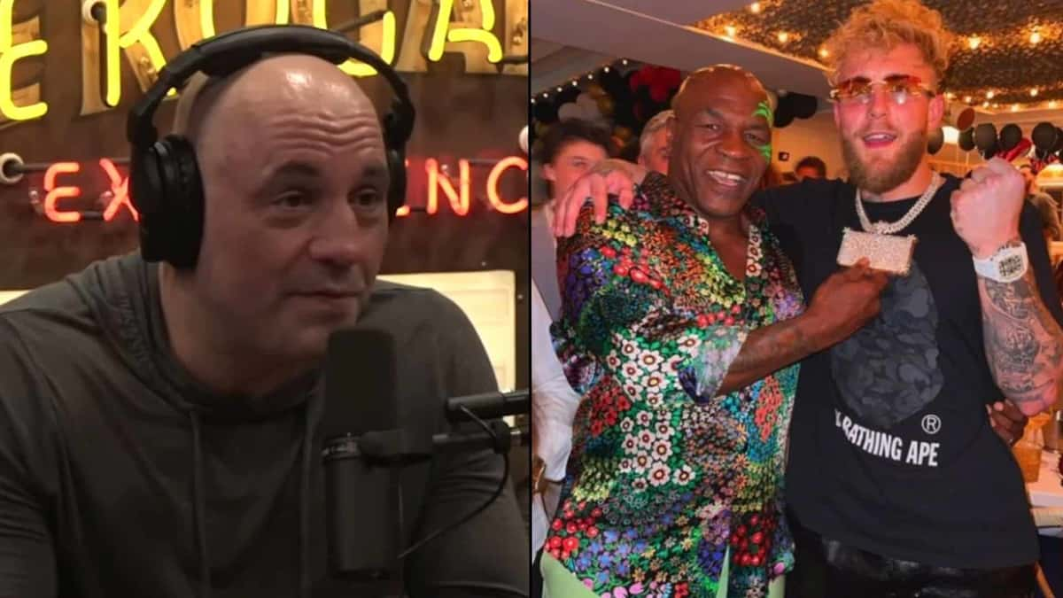 Joe Rogan next to Jake Paul and Mike Tyson