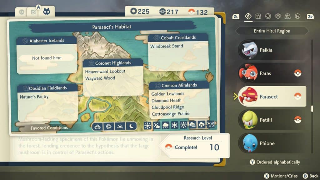 pokemon legends arceus parasect locations