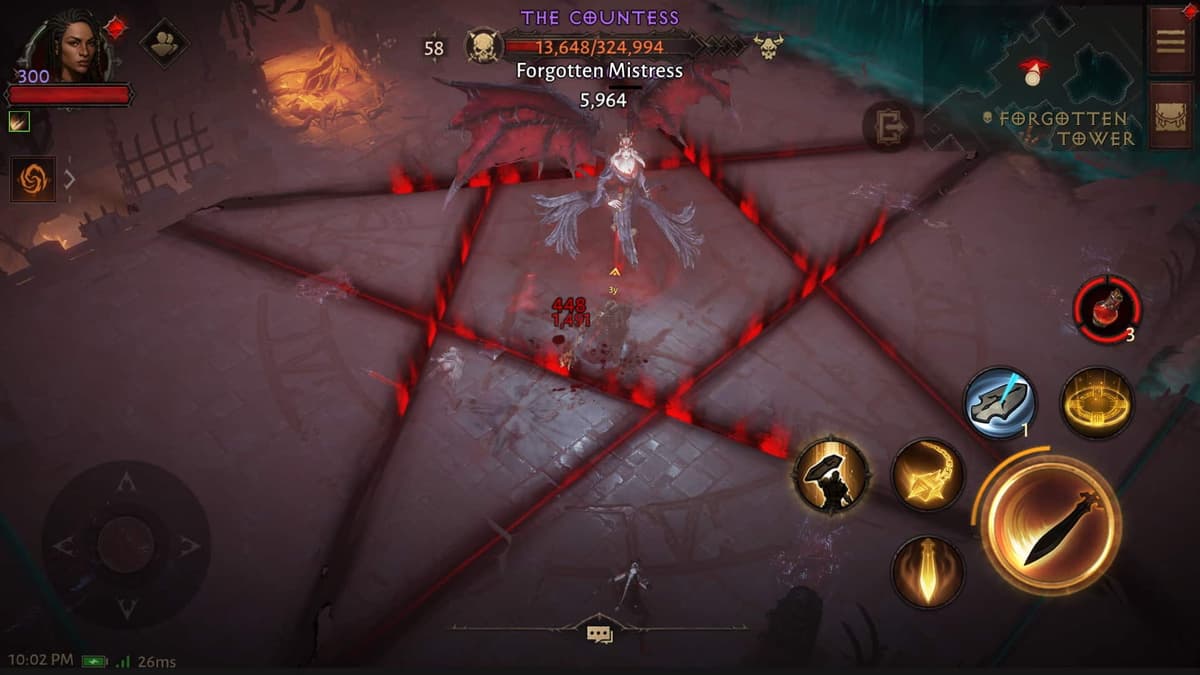 diablo immortal female crusader fighting the countess in a pentagram