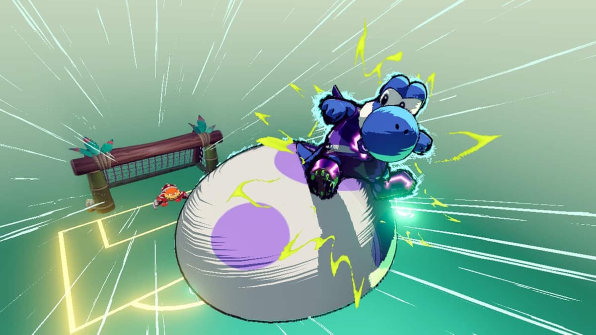 Yoshi unleashing a Hyper Strike in Mario Strikers Battle League