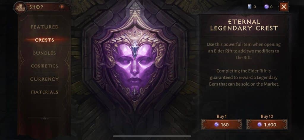 diablo immortal legendary crests in store