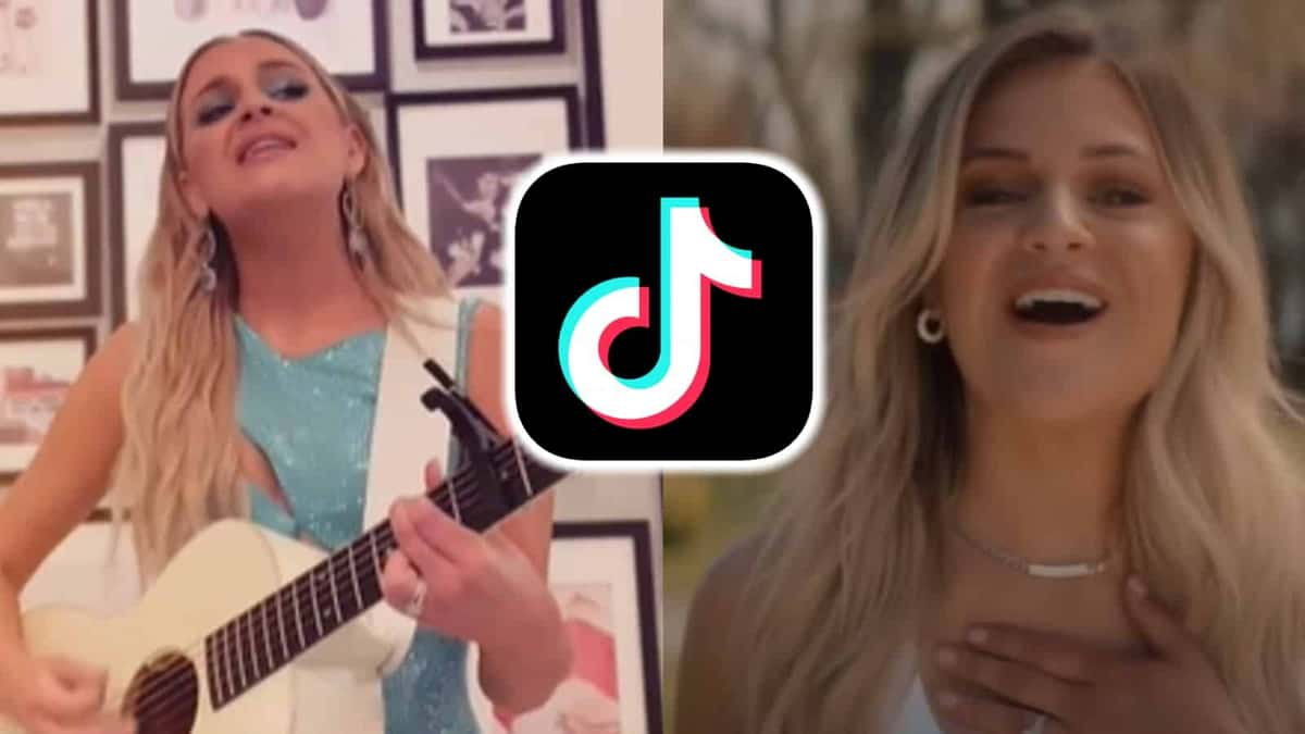 Kelsea Ballerini singing and playing guitar in TikTok video alongside screenshot from music video 'half of my hometown' music video