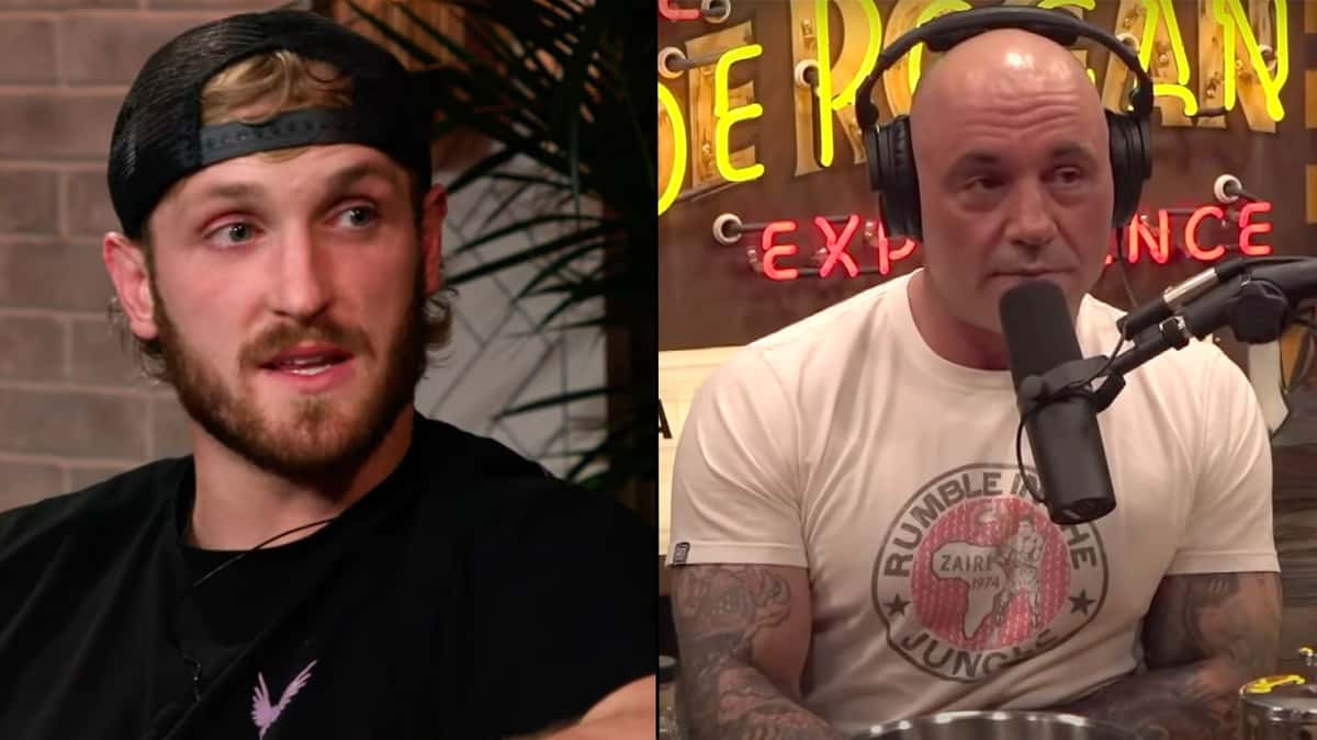 Logan Paul and Joe Rogan side-by-side talking into microphones