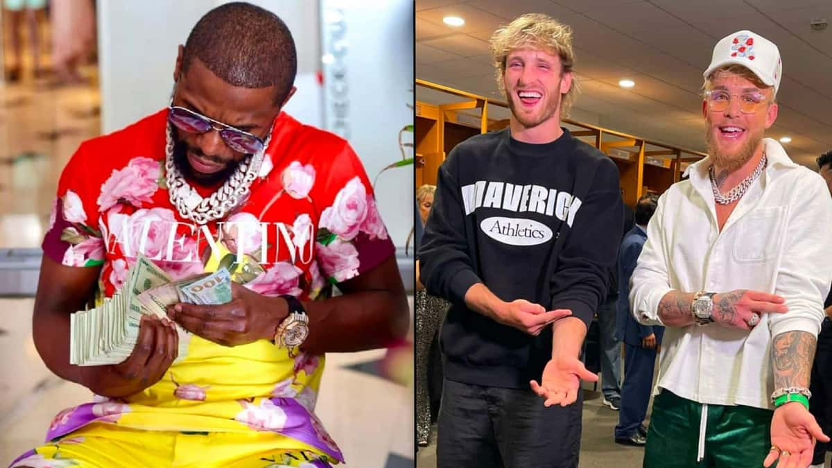 Floyd Mayweather counting money alongisde Jake and Logan Paul posing