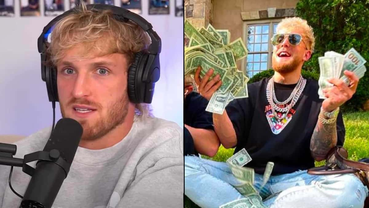 Logan Paul talking to mic alongside Jake Paul holding money