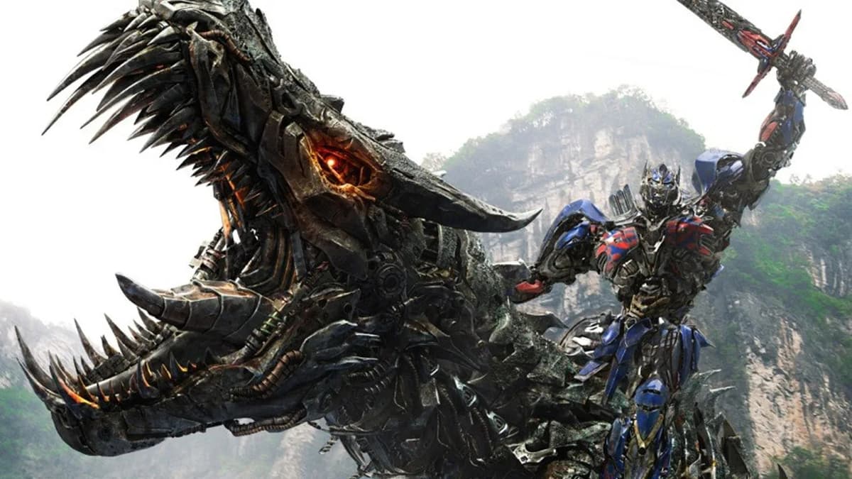 Optimus Prime riding a Dinobot in Michael Bay's Transformers: Age of Extinction.