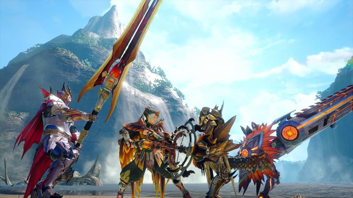 Monster Hunter Rise Sunbreak screenshot showing four hunters in the Jungle