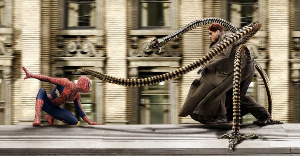 Spider-Man fights Doctor Octopus on the train in Spider-Man 2