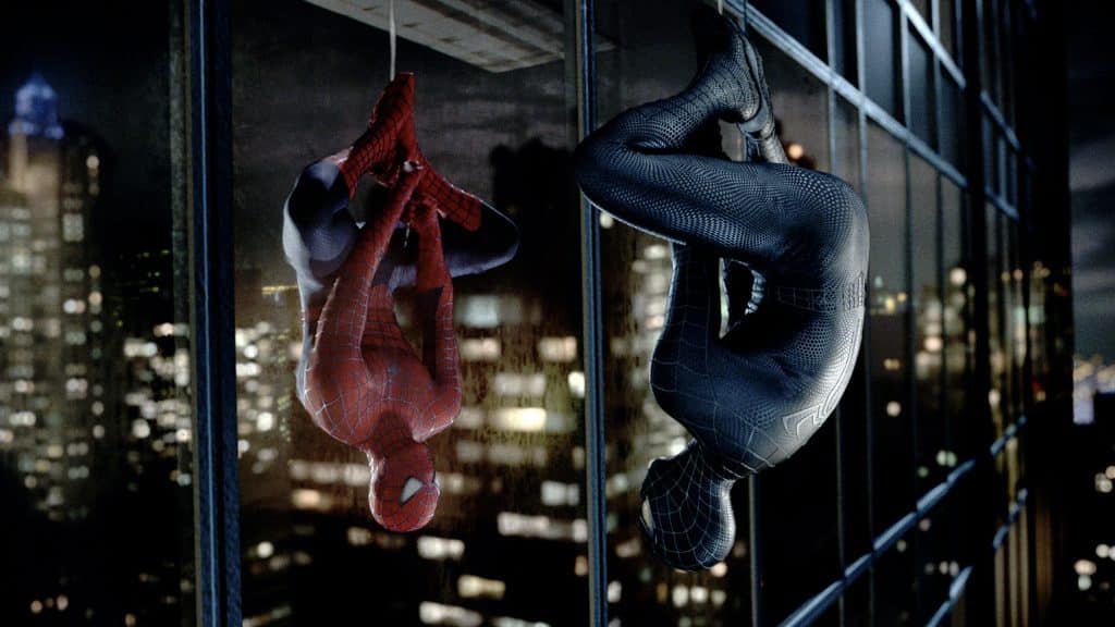 Spider-Man faces off with the black suit in Spider-Man 3.