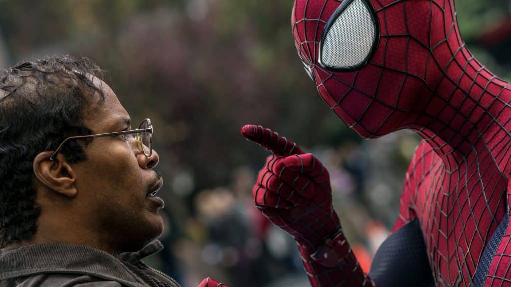 Jamie Foxx as Electro talks to Andrew Garfield's Spider-Man in The Amazing Spider-Man 2