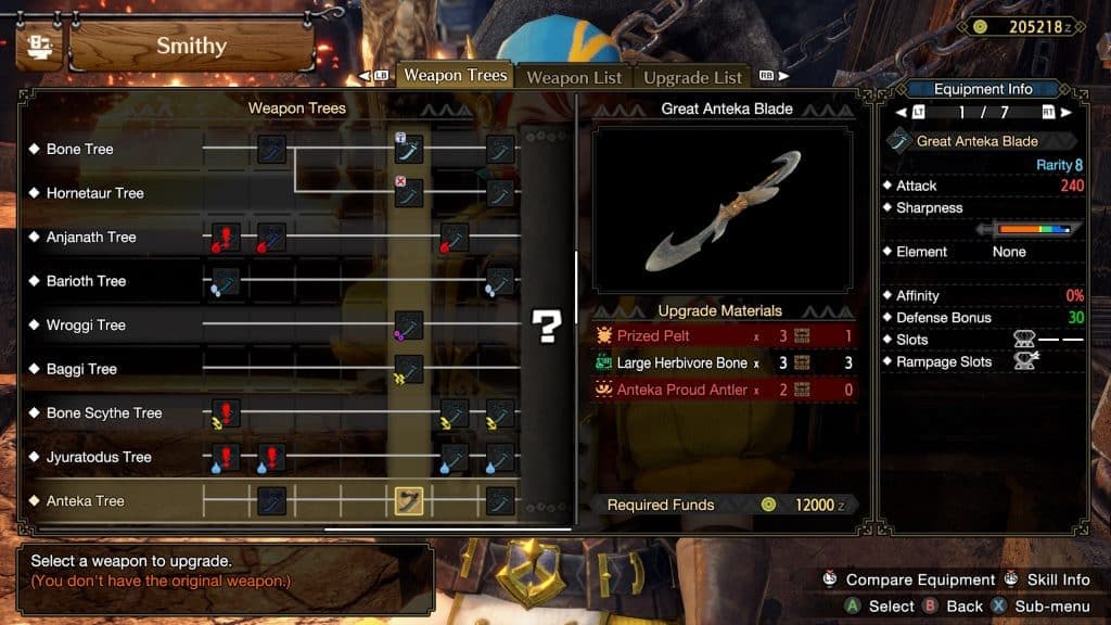 Great Anteka Blade weapon preview screen Monster Hunter Rise: Sunbreak