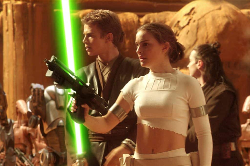 Natalie Portman and Hayden Christensen as Padme and Anakin Skywalker in Star Wars.