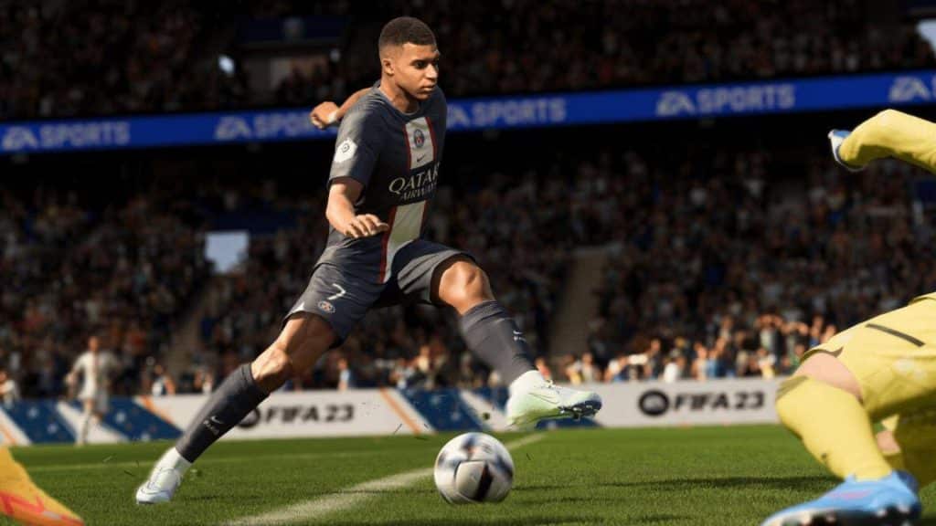 kylian mbappe taking a shot in fifa 23