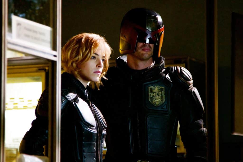 Karl Urban and Olivia Thirlby in Dredd