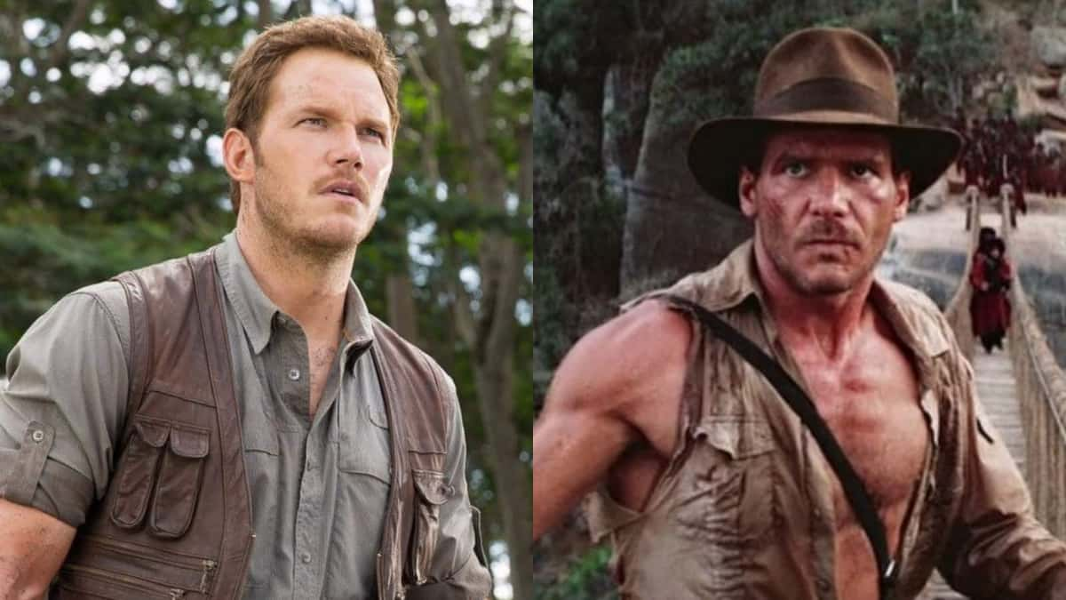 Chris Pratt in Jurassic World and Harrison Ford as Indiana Jones